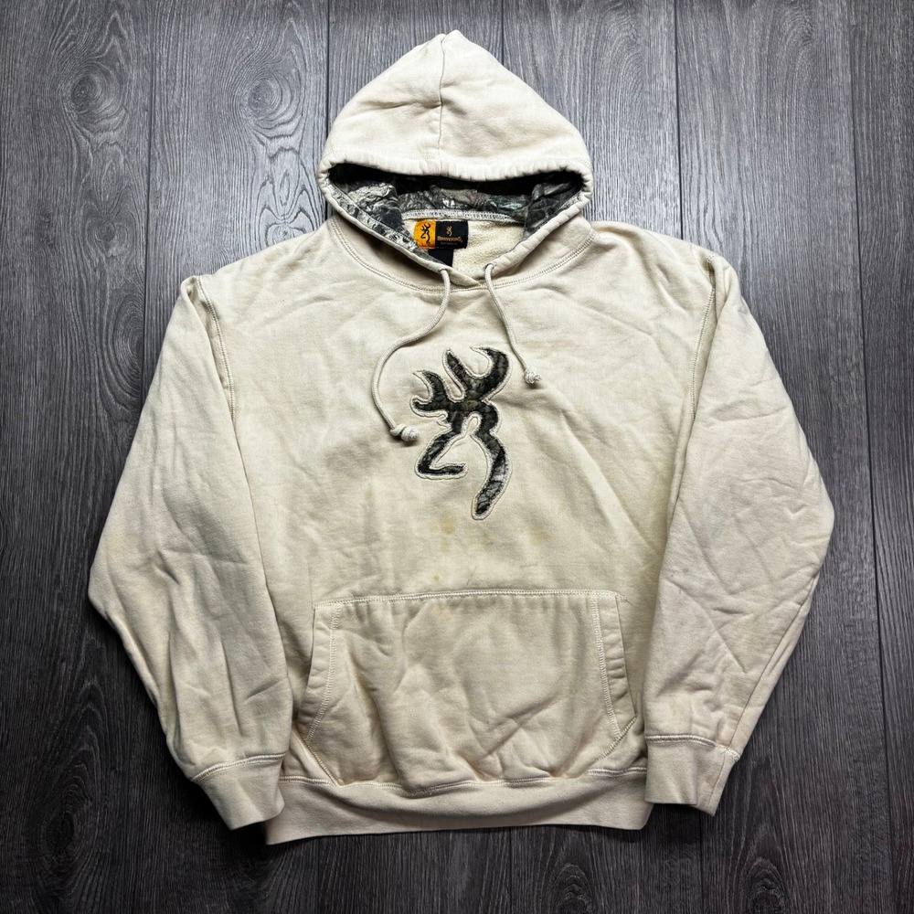Browning Mens Camo Buckmark Logo Hoodie Cream Tan Sweatshirt Large L Camouflage